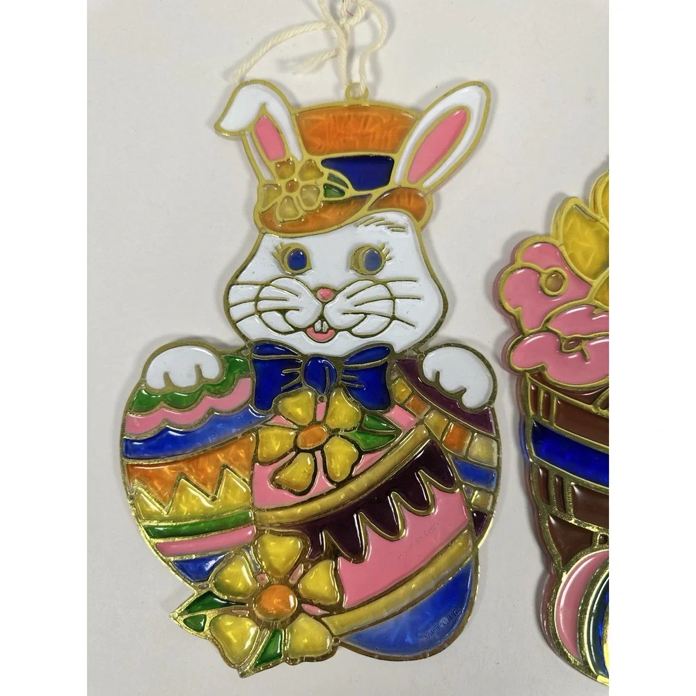 VTG 1980's Easter Window Decoration Crystalline Plastic Stained Glass Look Bunny